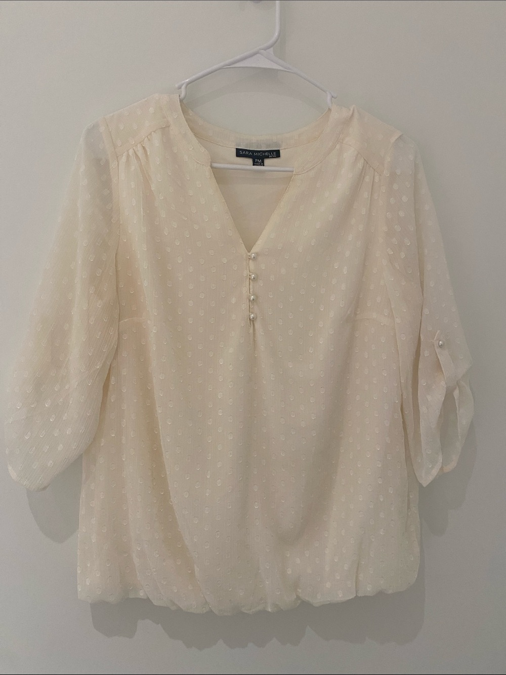 Sara Michelle Monochrome Polka Dots Short Sleeve V Neck Top Blouse Cream MP